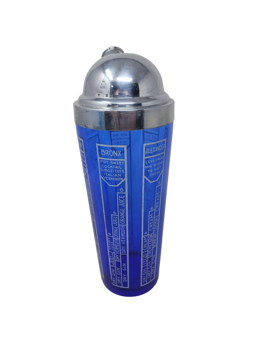 Vintage Art Deco Cobalt Blue Glass Cocktail Shaker Chrome Lid Recipe 1930s